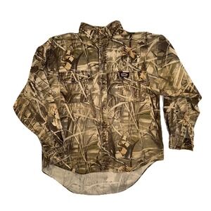 Spartan Outdoors Button Up Shirt Mens XL Camo Long Sleeve Hunting Stained Y2K